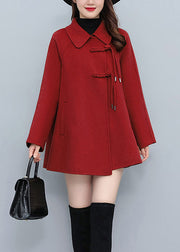 Loose Red Peter Pan Collar Button Pockets Woolen Coats Fall