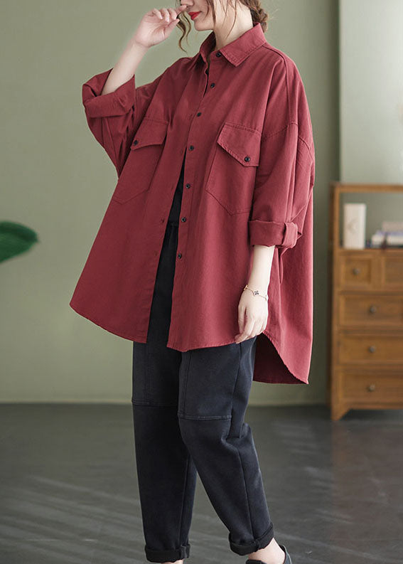 Loose Red Peter Pan Collar Patchwork Cotton Shirts Top Long Sleeve