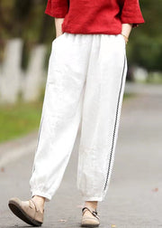 Loose Red Pockets Elastic Waist Cotton Crop Pants Summer