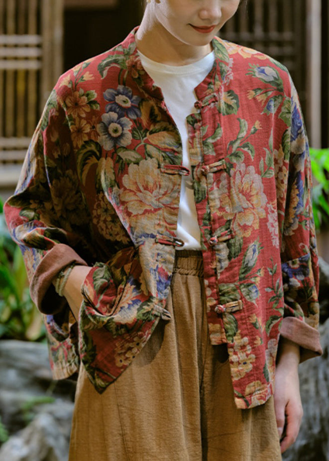 Loose Red Print Button Cotton Blouse Long Sleeve