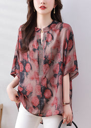 Loose Red Print Low High Design Button Silk Cotton Shirts Bracelet Sleeve