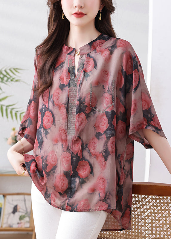 Loose Red Print Low High Design Button Silk Cotton Shirts Bracelet Sleeve