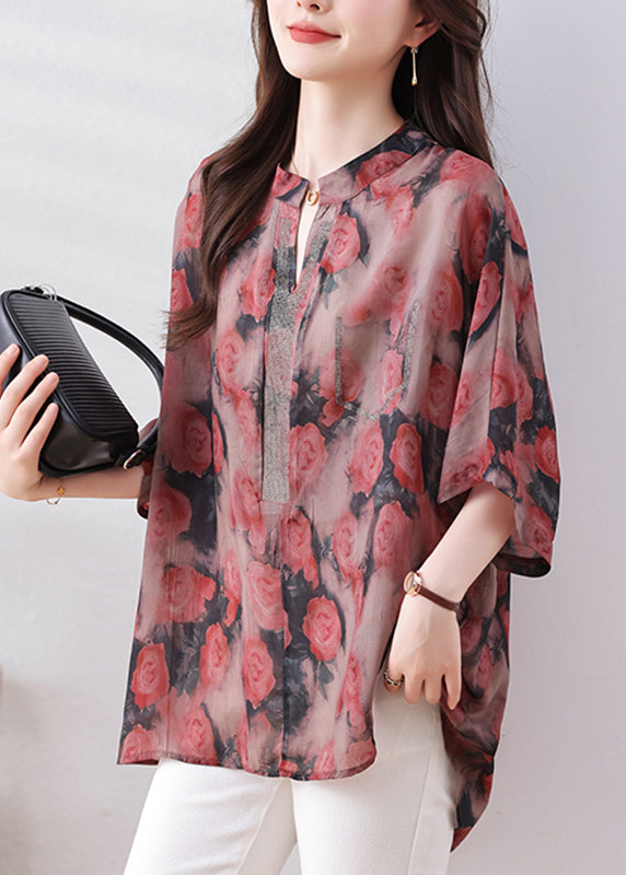 Loose Red Print Low High Design Button Silk Cotton Shirts Bracelet Sleeve