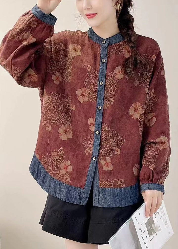 Loose Red Print Patchwork Shirt Spring