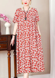 Loose Red Print Pockets Cotton Long Dresses Summer