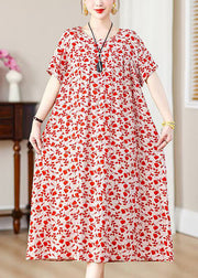 Loose Red Print Pockets Cotton Long Dresses Summer