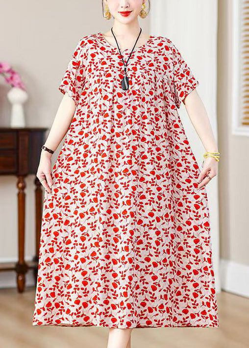 Loose Red Print Pockets Cotton Long Dresses Summer