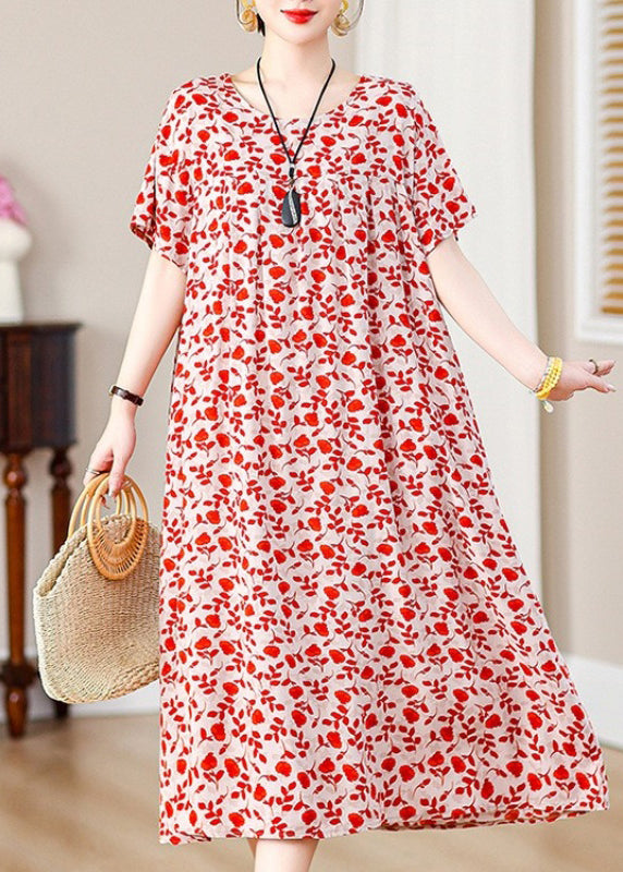 Loose Red Print Pockets Cotton Long Dresses Summer