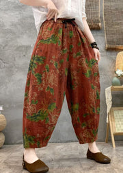 Loose Red Print Pockets Linen Crop Pants Summer