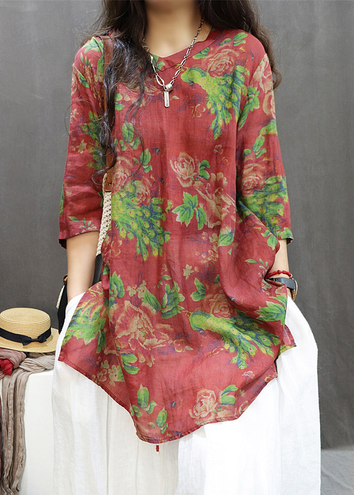 Loose Red Print Side Open Cotton Blouses Summer