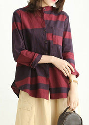 Loose Red Stand Collar Button Cotton Blouses Long Sleeve