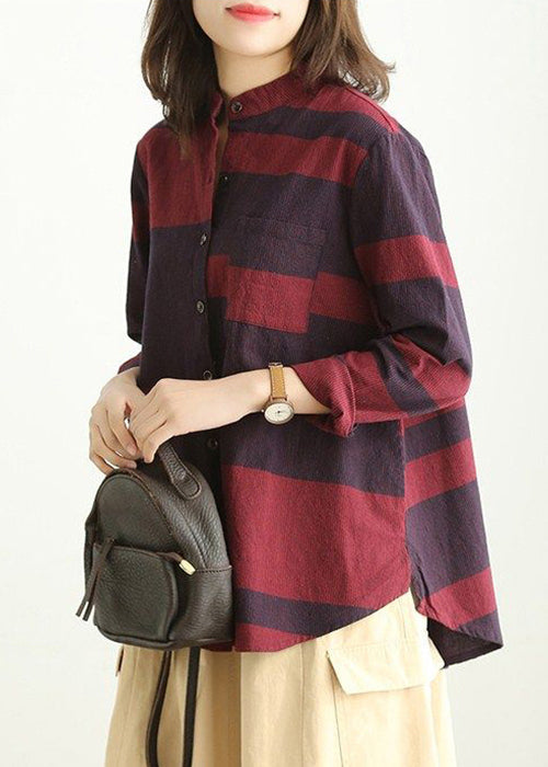 Loose Red Stand Collar Button Cotton Blouses Long Sleeve