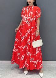 Loose Red Stand Collar Print Patchwork Long Dresses Summer