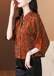 Loose Red Stand Collar Print Silk Shirt Bracelet Sleeve