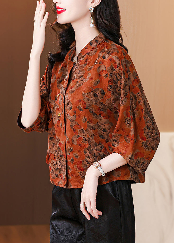 Loose Red Stand Collar Print Silk Shirt Bracelet Sleeve