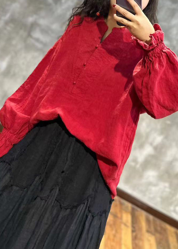 Loose Red Stand Collar Ruffled Linen Shirt Top Fall