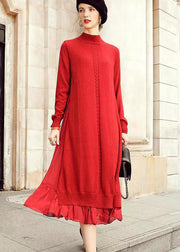 Loose Red Stand Collar Wrinkled Patchwork Woolen Dresses Fall