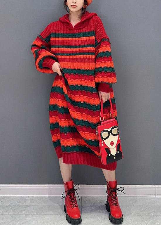 Loose Red Striped Hooded Cozy Knit Dress Long Sleeve