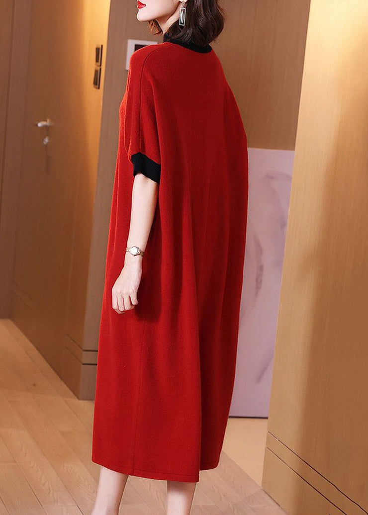 Loose Red Turtleneck Patchwork Cotton Knit Dress Short Sleeve