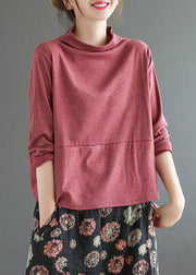 Loose Red Turtleneck Patchwork Cotton T Shirt Top Fall