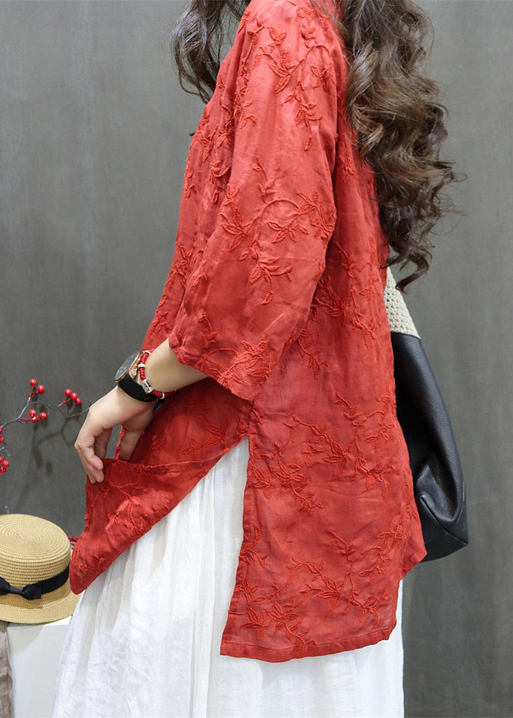 Loose Red V Neck Embroidered Linen Blouses Summer