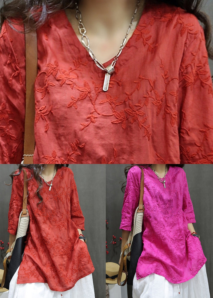 Loose Red V Neck Embroidered Linen Blouses Summer