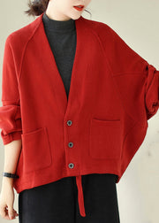 Loose Red V Neck Pockets Warm Fleece Jackets Batwing Sleeve