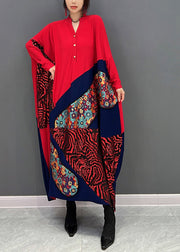 Loose Red V Neck Print Patchwork Button Maxi Dresses Fall