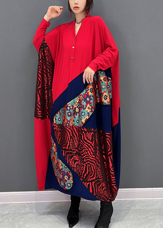 Loose Red V Neck Print Patchwork Button Maxi Dresses Fall