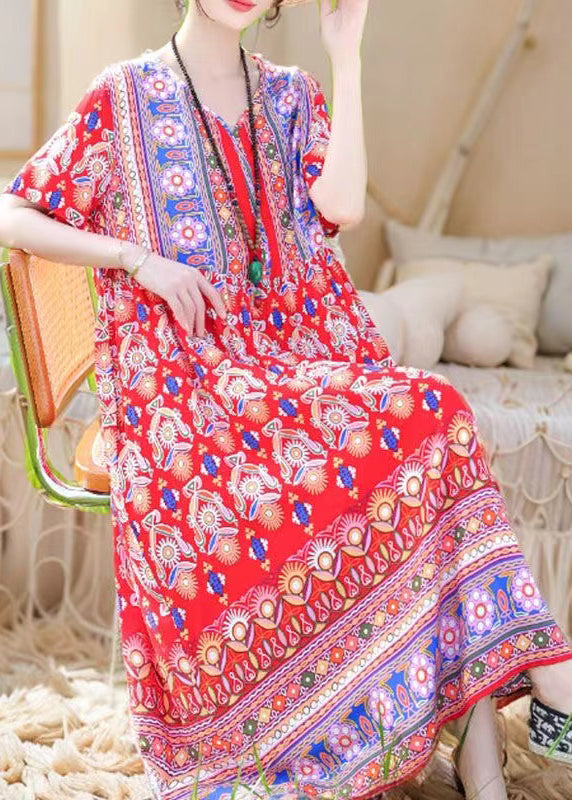 Loose Red V Neck Print Pockets Cotton Pajamas Dresses Summer