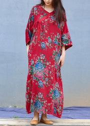 Loose Red V Neck Print Tie Long Robe Dresses Long Sleeve