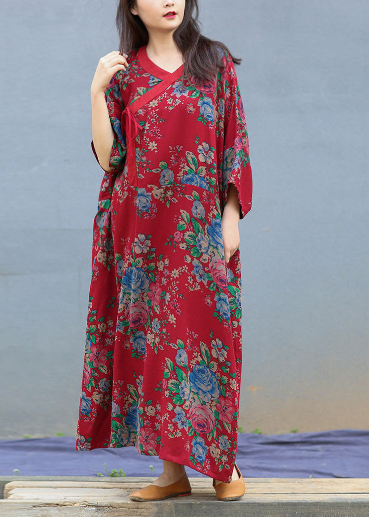 Loose Red V Neck Print Tie Long Robe Dresses Long Sleeve