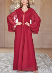 Loose Red V Neck Sequins Chiffon Maxi Dresses Spring