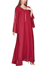 Loose Red V Neck Sequins Chiffon Maxi Dresses Spring