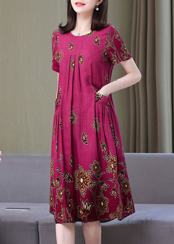 Loose Rose O Neck Print Pockets Cotton Dresses Summer