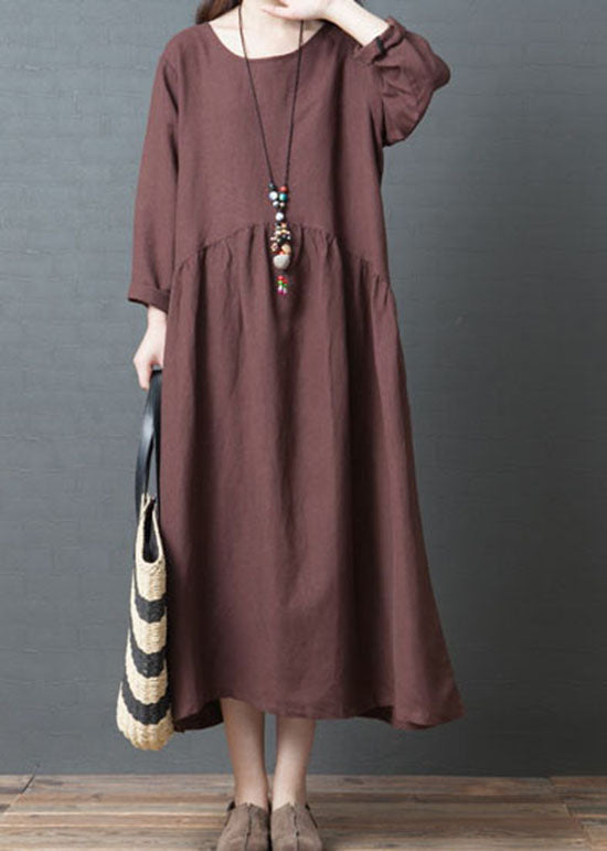 Loose Rust Red O Neck Wrinkled Patchwork Long Linen Dress Spring