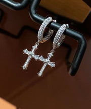 Loose Silk Sterling Silver Zircon Cross Hoop Earrings