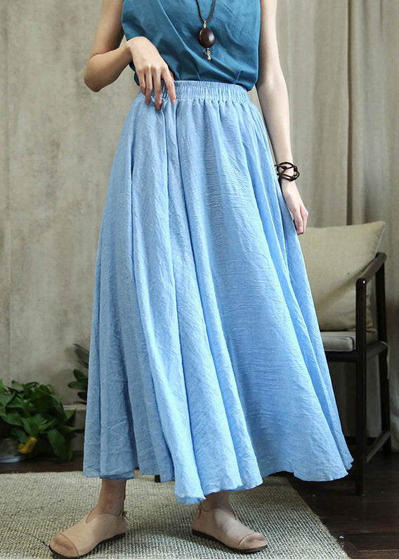 Loose Sky Blue Wrinkled Elastic Waist Cotton Skirts Fall