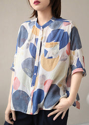 Loose Stand Collar Dot Print Button Silk Cotton Shirt Half Sleeve