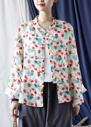 Loose Stand Collar Print Button Linen Blouse Long Sleeve