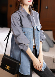 Loose Striped Peter Pan Collar Button Patchwork Denim Shirt Tops Fall