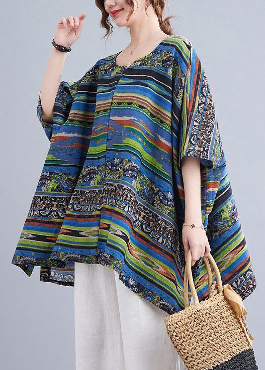 Loose Striped Print Side Open Cotton T Shirt Batwing Sleeve