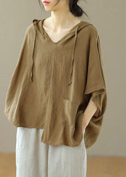 Loose V Neck Asymmetrical Patchwork Pockets Drawstring Top Long Sleeve