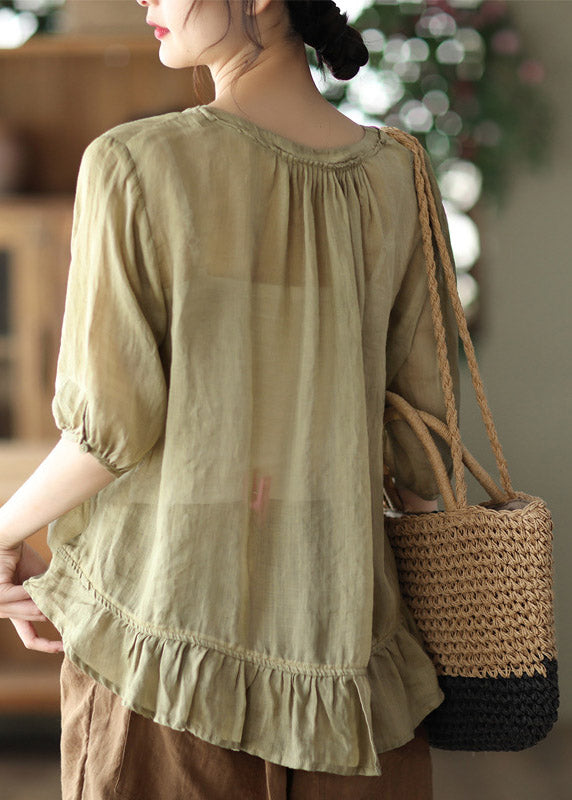 Loose V Neck Embroideried Button Linen Shirt Half Sleeve