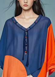 Loose V Neck Tasseled Asymmetrical Patchwork Cotton Top Summer