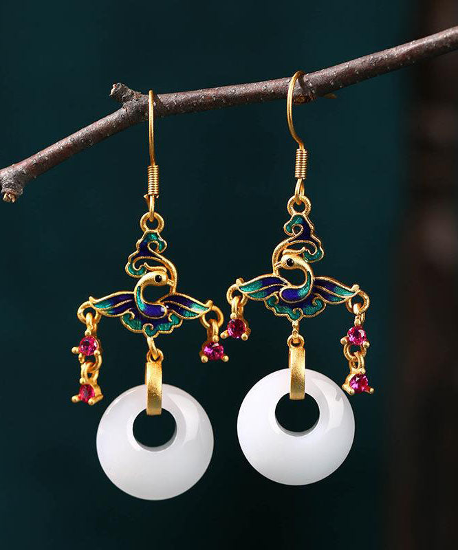 Loose White Ancient Gold Jade Enamel Ping Buckle Drop Earrings