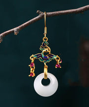 Loose White Ancient Gold Jade Enamel Ping Buckle Drop Earrings