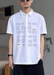 Loose White Button Print Cotton Men Polo Shirt Summer