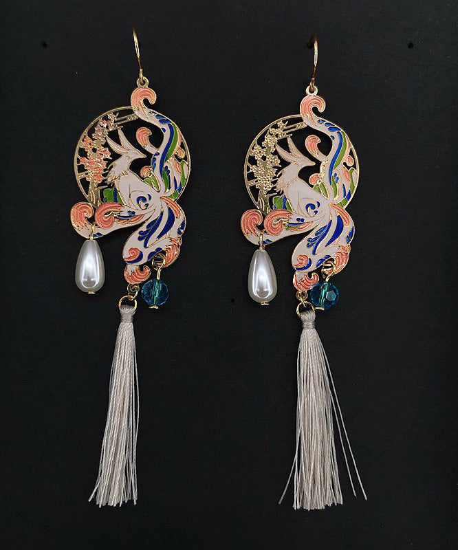 Loose White Copper Fox Tassel Hoop Earrings