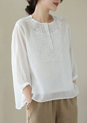 Loose White Embroidered Button Patchwork Cotton Blouse Summer